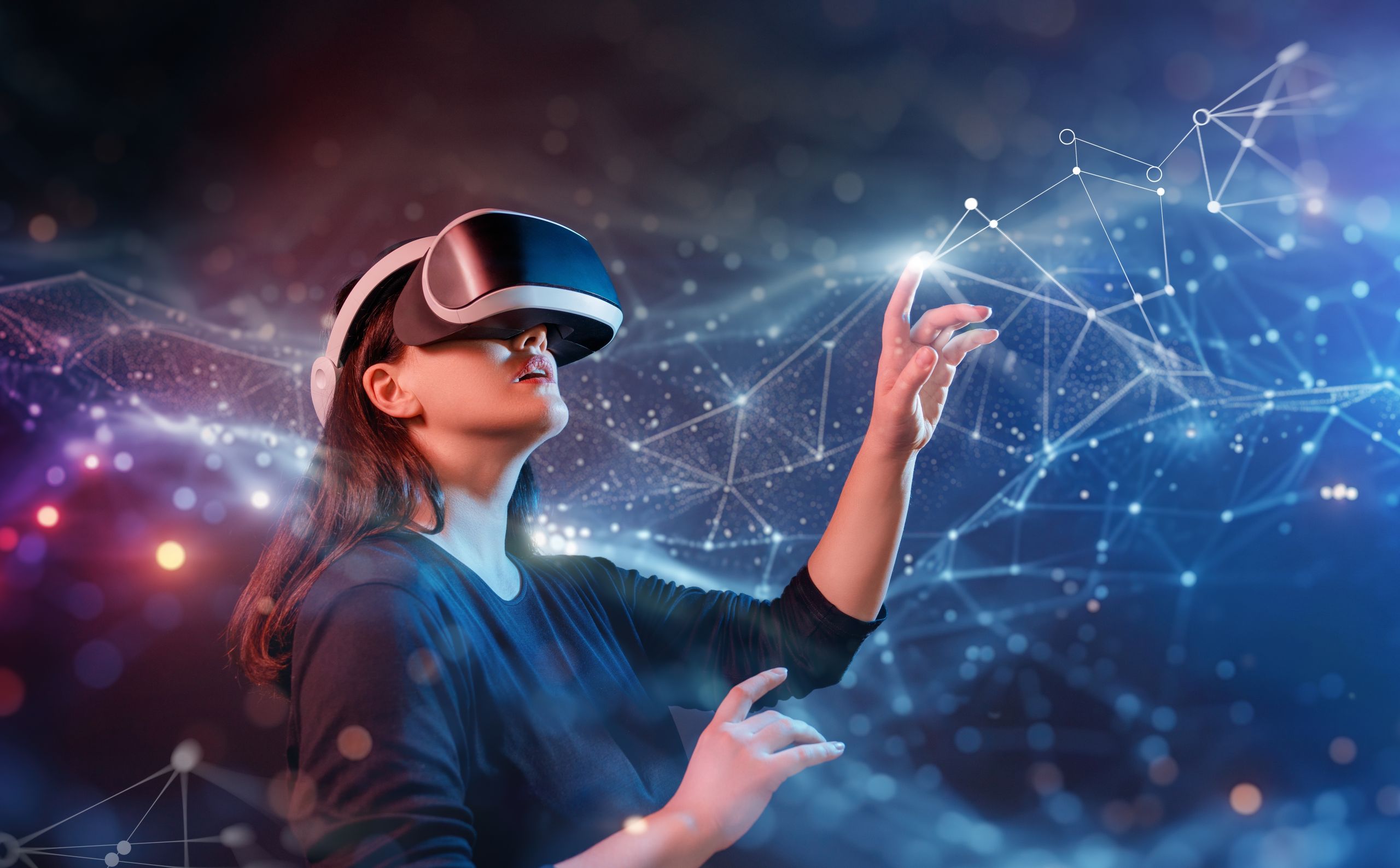 Metaverse,Technology,Concept.,Woman,With,Vr,Virtual,Reality,Goggles.,Futuristic